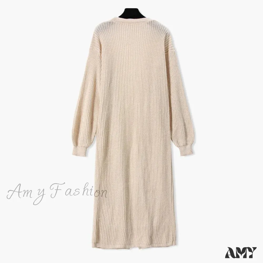 Amy Fashion - Casual Long Knitted Cardigan women V-Neck sweater