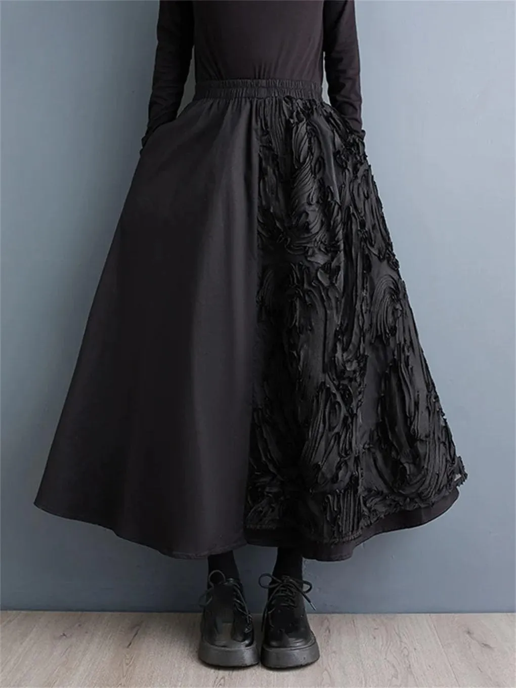Black Floral High Waist Patchwork Skirt Women Loose Casual Midi Skirts Elegant Clothing Spring Autumn Skirts