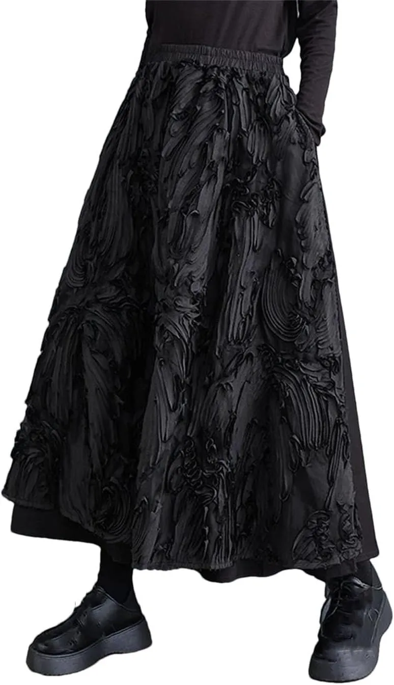 Black Floral High Waist Patchwork Skirt Women Loose Casual Midi Skirts Elegant Clothing Spring Autumn Skirts