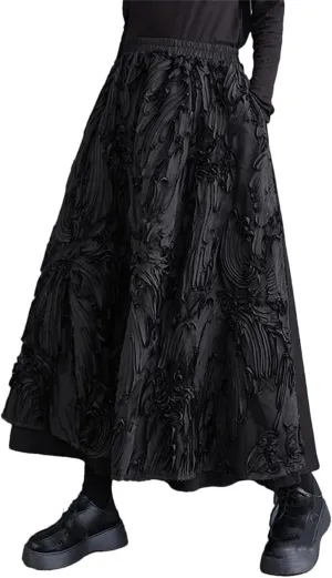 Black Floral High Waist Patchwork Skirt Women Loose Casual Midi Skirts Elegant Clothing Spring Autumn Skirts