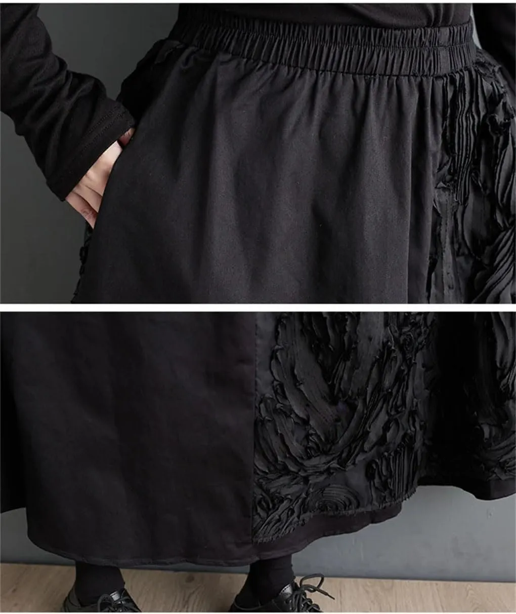 Black Floral High Waist Patchwork Skirt Women Loose Casual Midi Skirts Elegant Clothing Spring Autumn Skirts