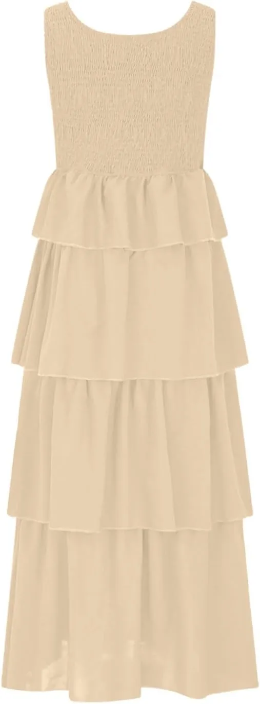 Borniu Women's Summer Casual U Neck Sleeveless Smocked High Waist Tank Midi Dress Tiered Flowy Beach Vacation Cake Dresses
