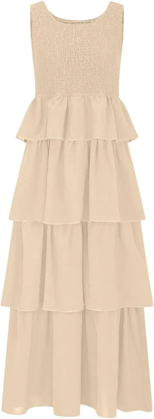 Borniu Women's Summer Casual U Neck Sleeveless Smocked High Waist Tank Midi Dress Tiered Flowy Beach Vacation Cake Dresses