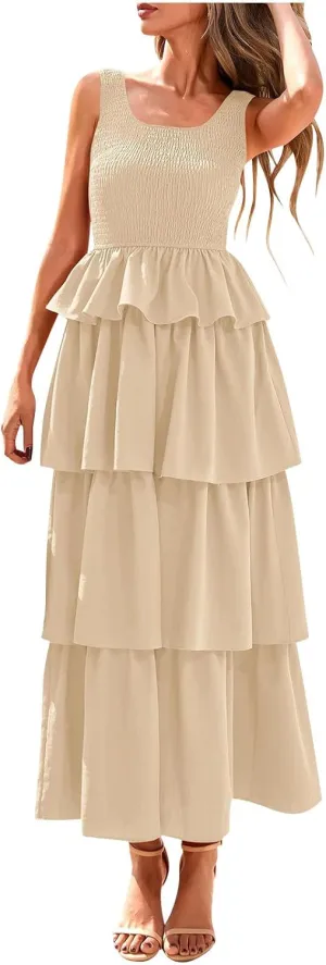 Borniu Women's Summer Casual U Neck Sleeveless Smocked High Waist Tank Midi Dress Tiered Flowy Beach Vacation Cake Dresses