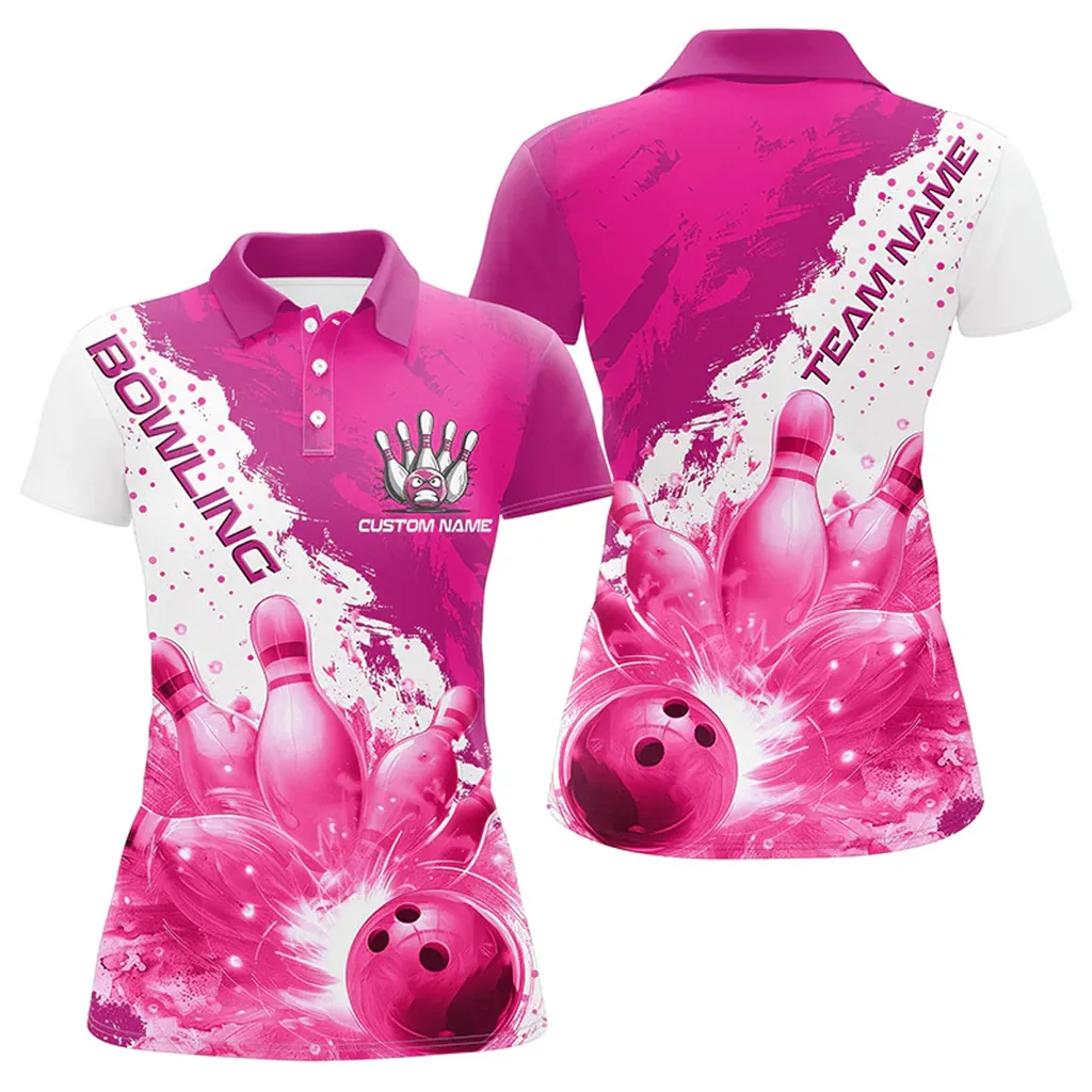Bowling And Pins Flame Strike Multicolor Option Customized Name 3D Polo Shirt For Women