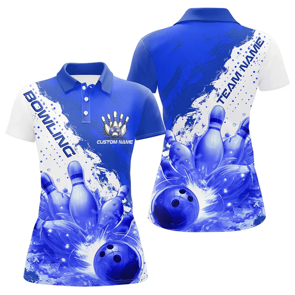 Bowling And Pins Flame Strike Multicolor Option Customized Name 3D Polo Shirt For Women