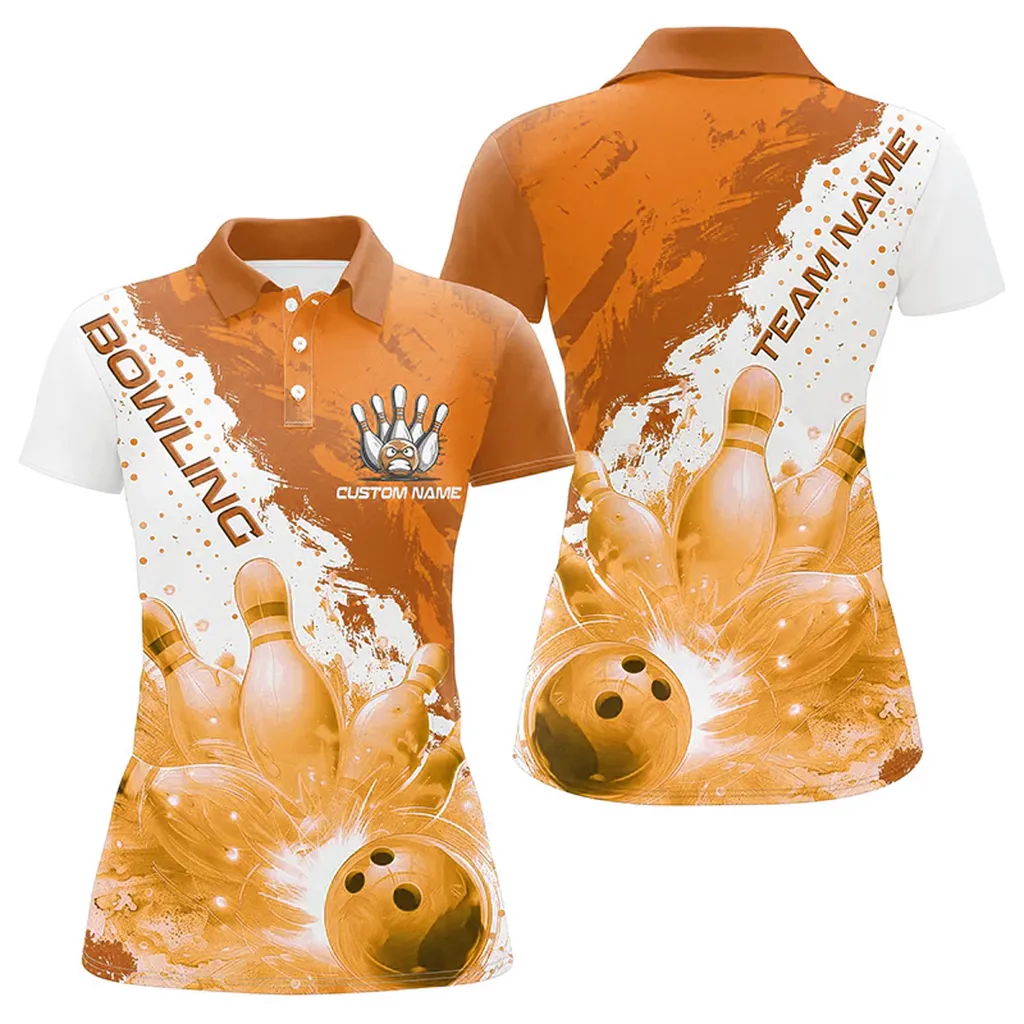 Bowling And Pins Flame Strike Multicolor Option Customized Name 3D Polo Shirt For Women