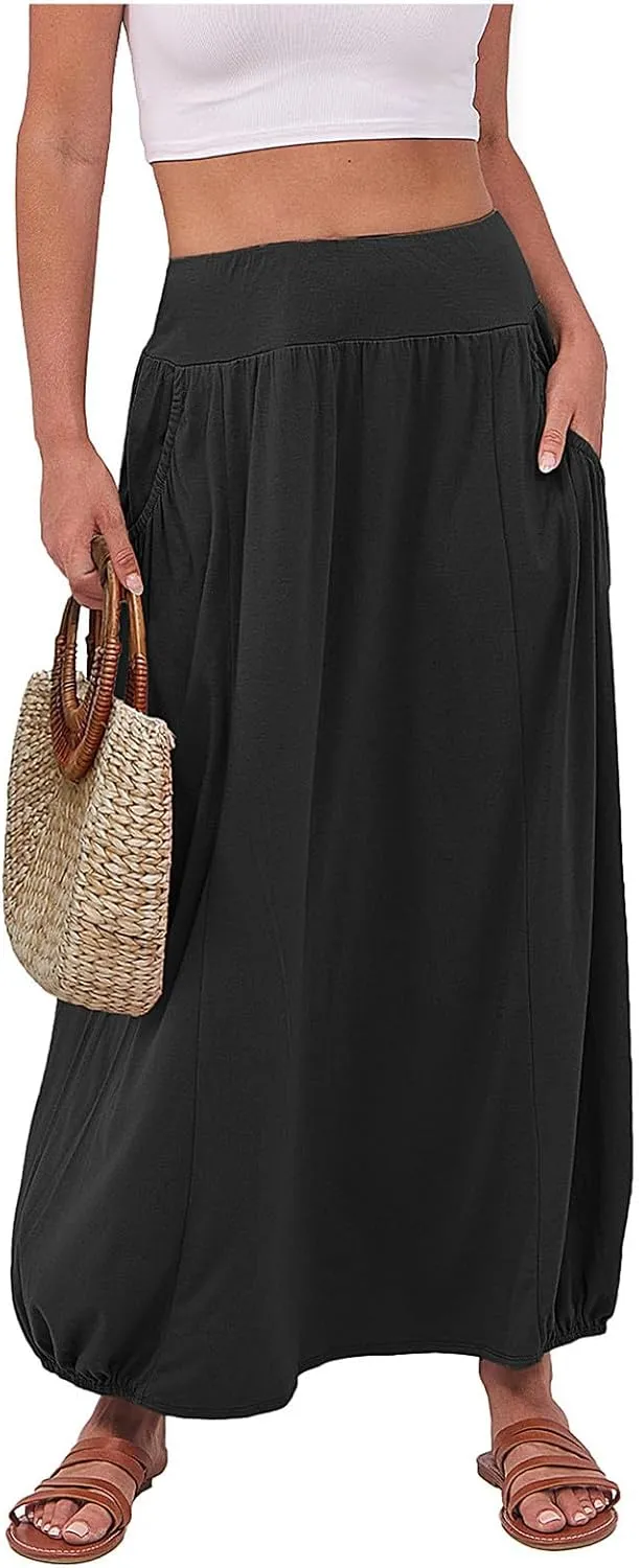 Bubble Skirts for Women 2025 Summer Trendy Elastic Waist Long Skirt Ankle Length Beach Boho Skirt with Pockets
