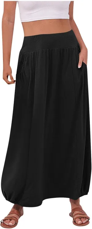 Bubble Skirts for Women 2025 Summer Trendy Elastic Waist Long Skirt Ankle Length Beach Boho Skirt with Pockets