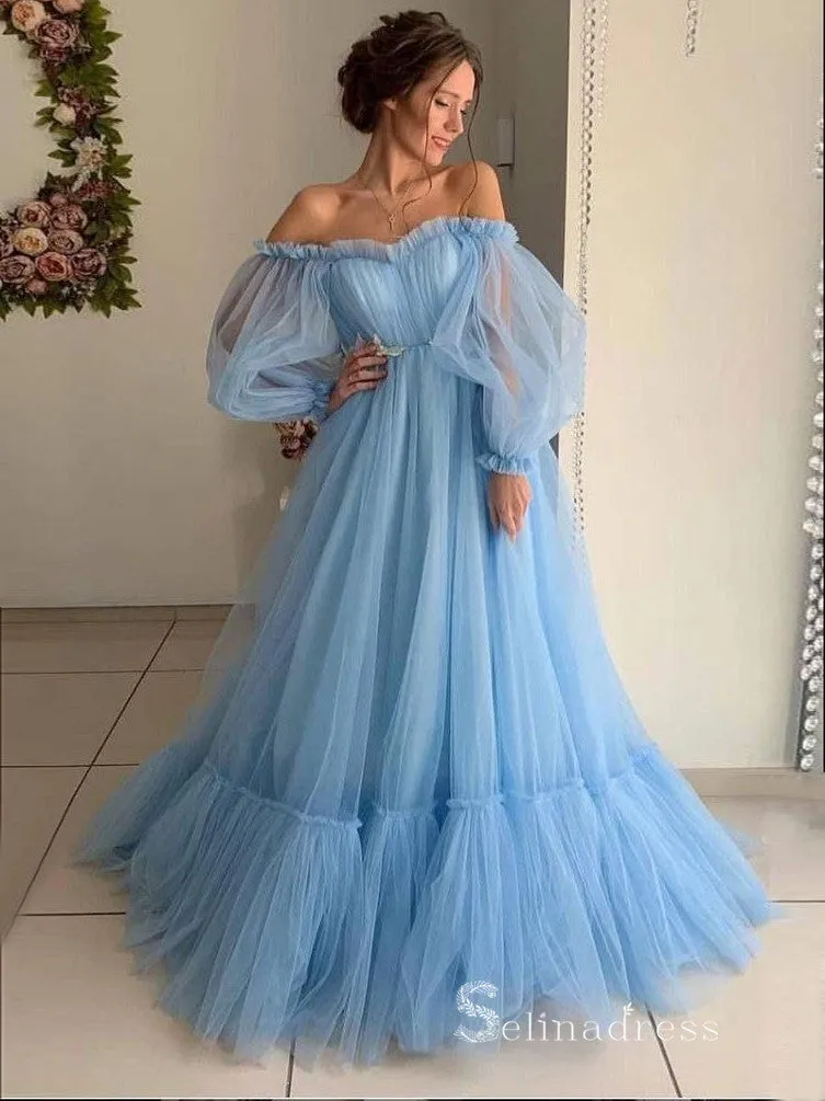 Chic A-line Off-the-shoulder Long Prom Dresses Long Sleeve Elegant Evening Gowns MHL143
