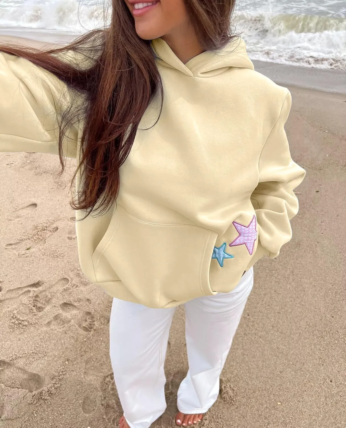 Cioatin Women Oversized Star Embroidery Graphic Hoodies Cute Y2K Aesthetic Long Sleeve Fleece Hooded Sweatshirt Fall Pullover