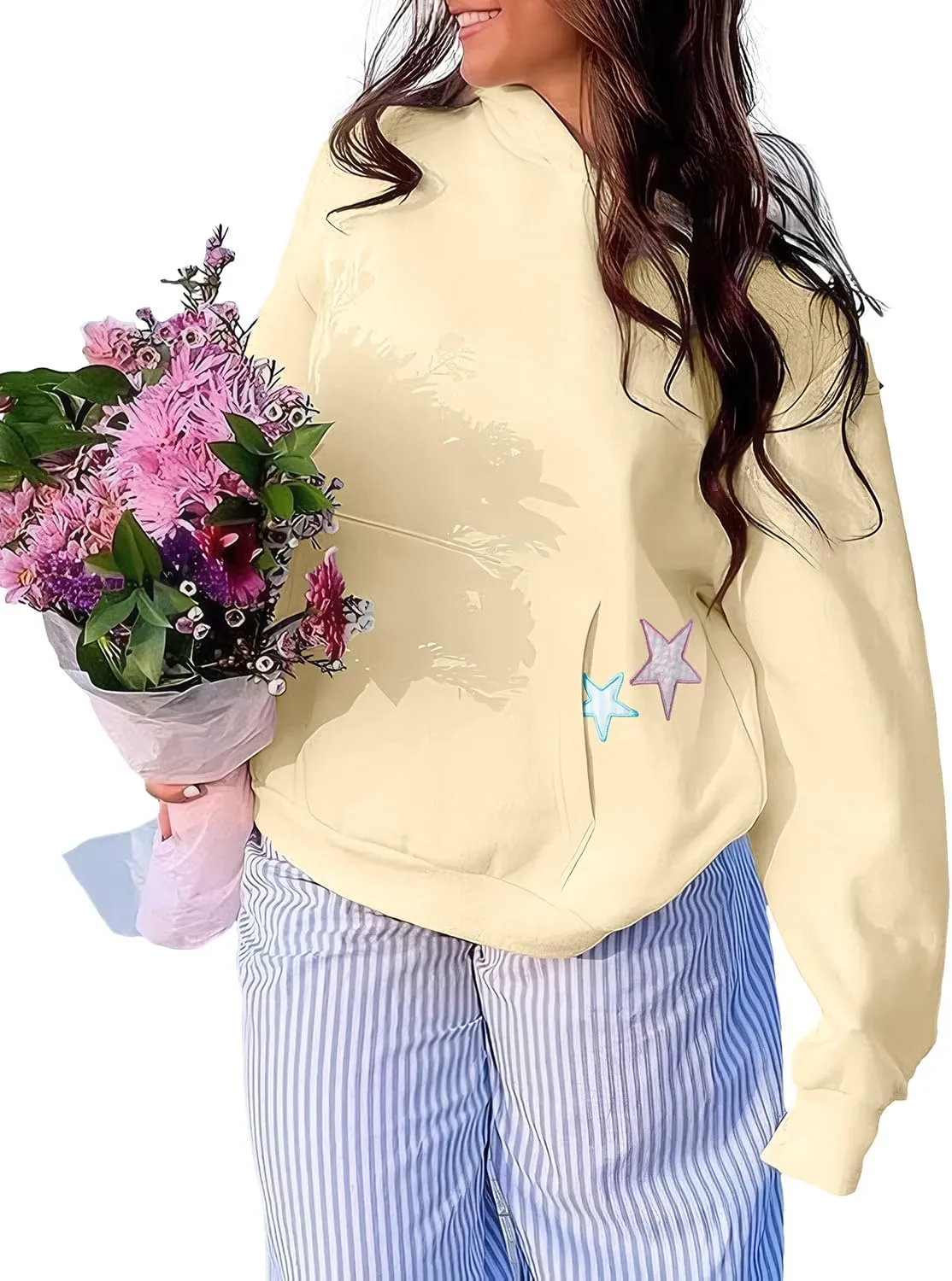 Cioatin Women Oversized Star Embroidery Graphic Hoodies Cute Y2K Aesthetic Long Sleeve Fleece Hooded Sweatshirt Fall Pullover