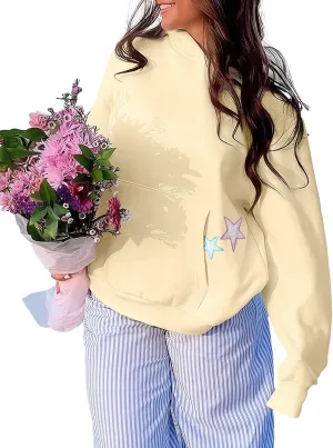Cioatin Women Oversized Star Embroidery Graphic Hoodies Cute Y2K Aesthetic Long Sleeve Fleece Hooded Sweatshirt Fall Pullover