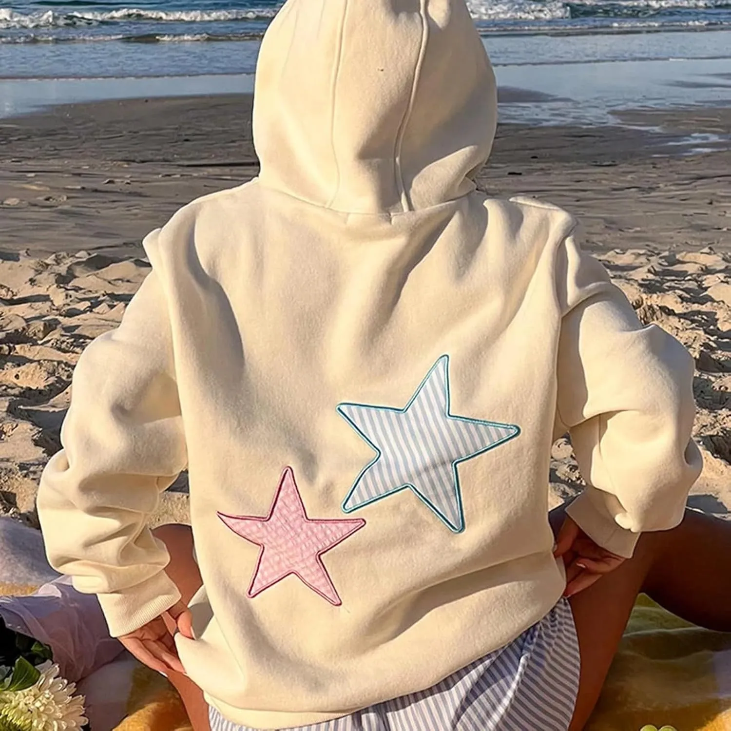 Cioatin Women Oversized Star Embroidery Graphic Hoodies Cute Y2K Aesthetic Long Sleeve Fleece Hooded Sweatshirt Fall Pullover