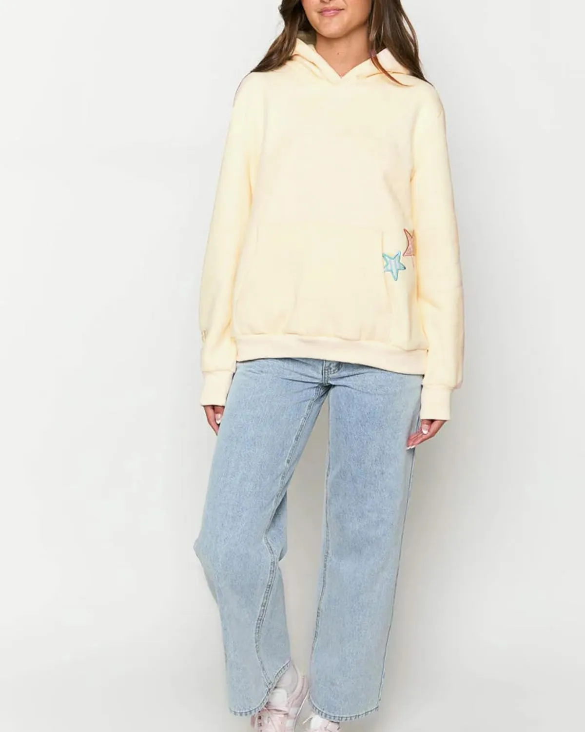 Cioatin Women Oversized Star Embroidery Graphic Hoodies Cute Y2K Aesthetic Long Sleeve Fleece Hooded Sweatshirt Fall Pullover
