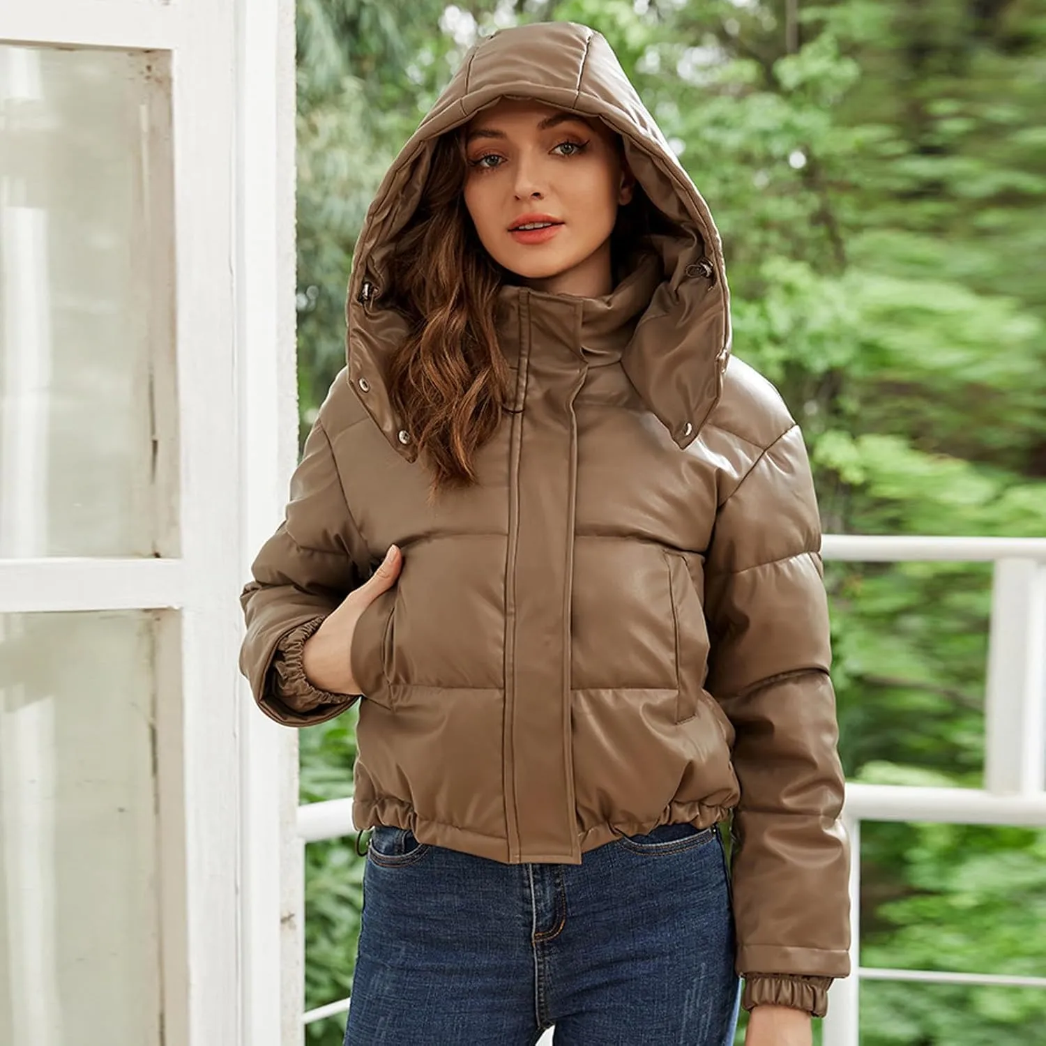 Cotton Down Jacket for Women Solid Hooded Crop Long Sleeve Padded Coat Winter Warm Thick Puffer Jackets Comfy Outwear