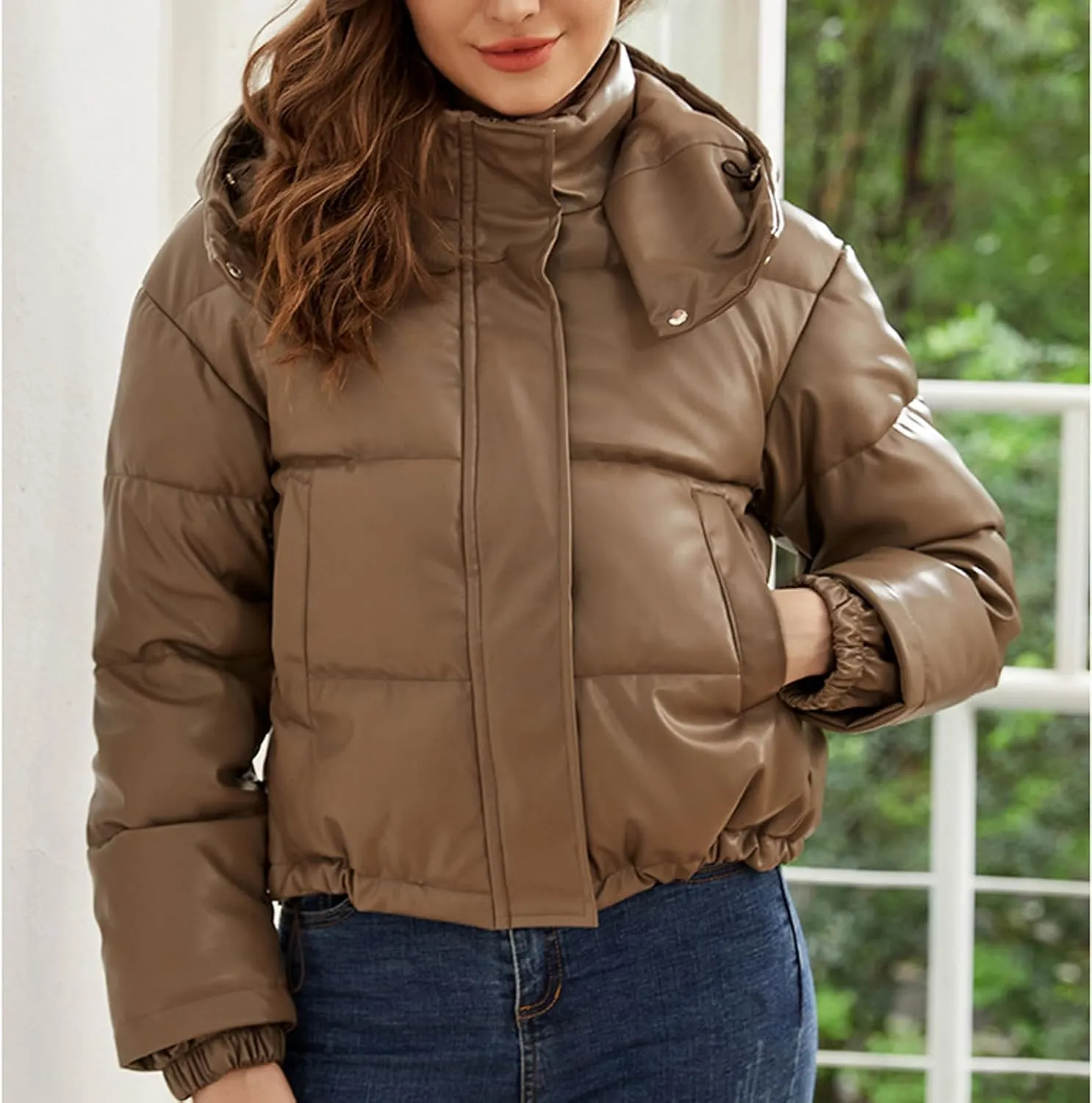 Cotton Down Jacket for Women Solid Hooded Crop Long Sleeve Padded Coat Winter Warm Thick Puffer Jackets Comfy Outwear