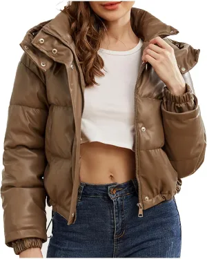 Cotton Down Jacket for Women Solid Hooded Crop Long Sleeve Padded Coat Winter Warm Thick Puffer Jackets Comfy Outwear