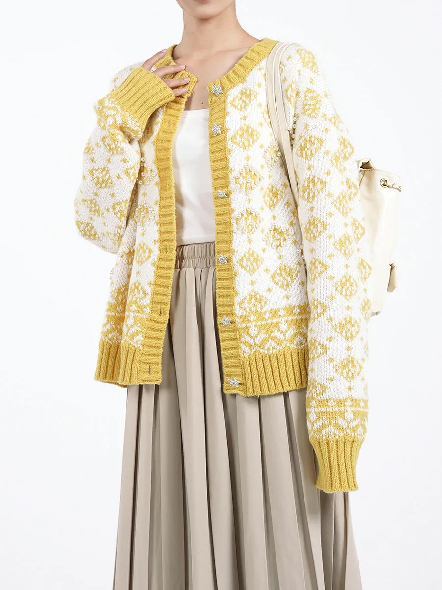 Diamond Grid Knitted Studded Cardigan