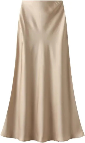 ebossy Women's Elegant Satin Silk Fishtai Skirt A-line Slim Flared Mermaid Mid Long Skirt