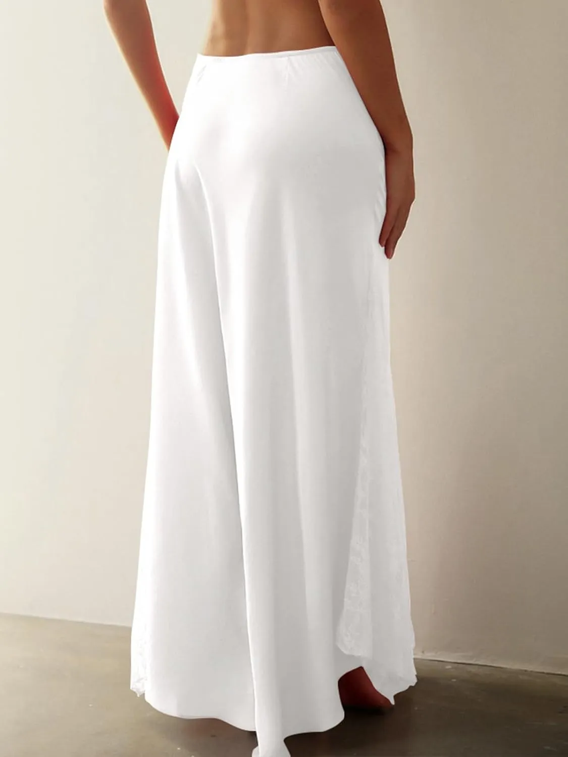 ebossy Womens Elegant Silk Satin Skirt Hidden Elastic Waist Splicing Lace Cocktail Party Maxi Long Skirts