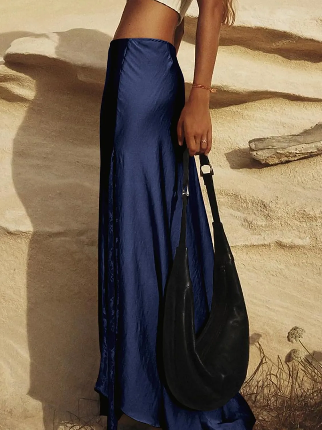 ebossy Womens Elegant Silk Satin Skirt Hidden Elastic Waist Splicing Lace Cocktail Party Maxi Long Skirts