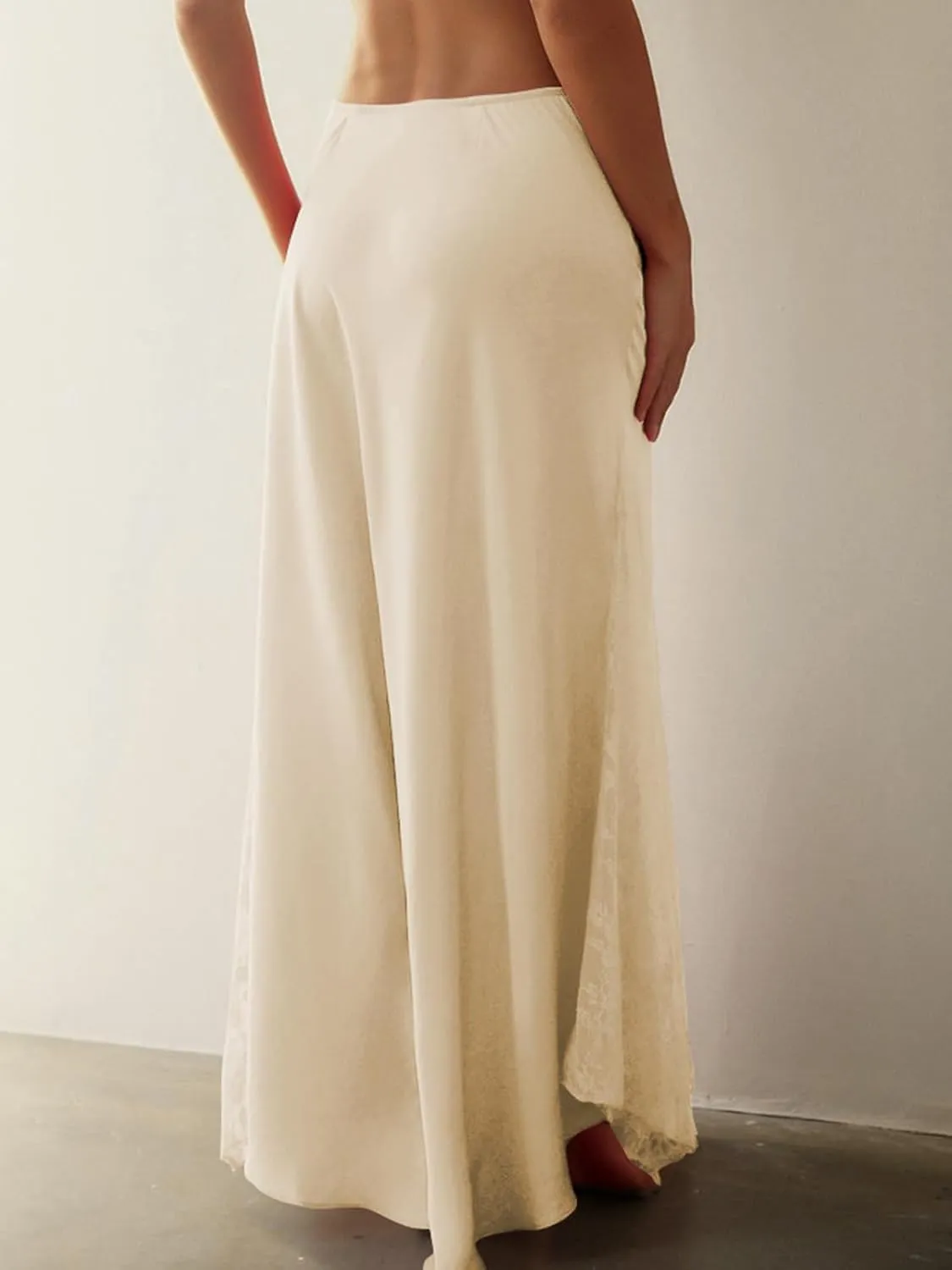 ebossy Womens Elegant Silk Satin Skirt Hidden Elastic Waist Splicing Lace Cocktail Party Maxi Long Skirts