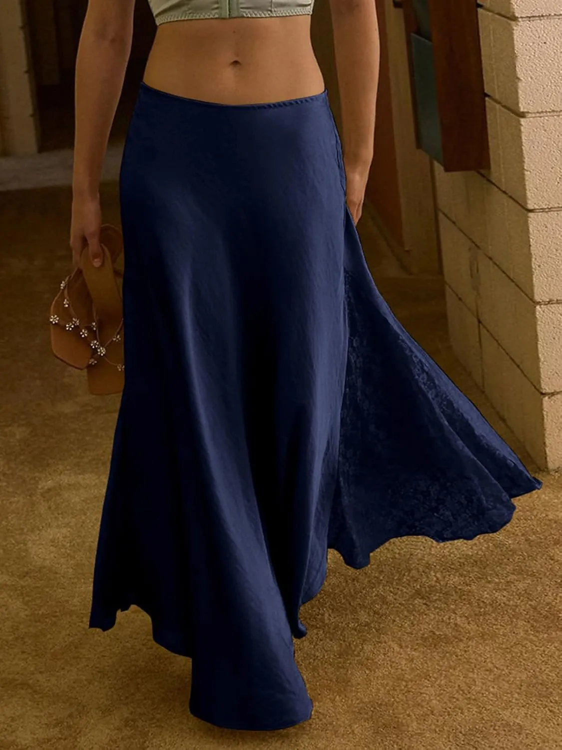 ebossy Womens Elegant Silk Satin Skirt Hidden Elastic Waist Splicing Lace Cocktail Party Maxi Long Skirts