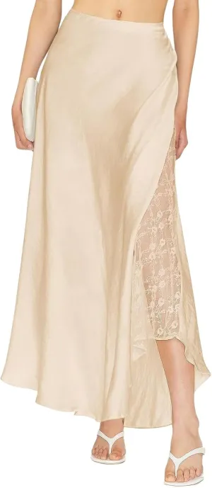 ebossy Womens Elegant Silk Satin Skirt Hidden Elastic Waist Splicing Lace Cocktail Party Maxi Long Skirts