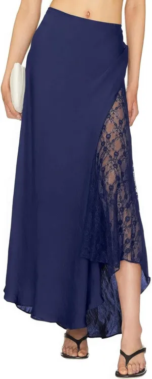ebossy Womens Elegant Silk Satin Skirt Hidden Elastic Waist Splicing Lace Cocktail Party Maxi Long Skirts