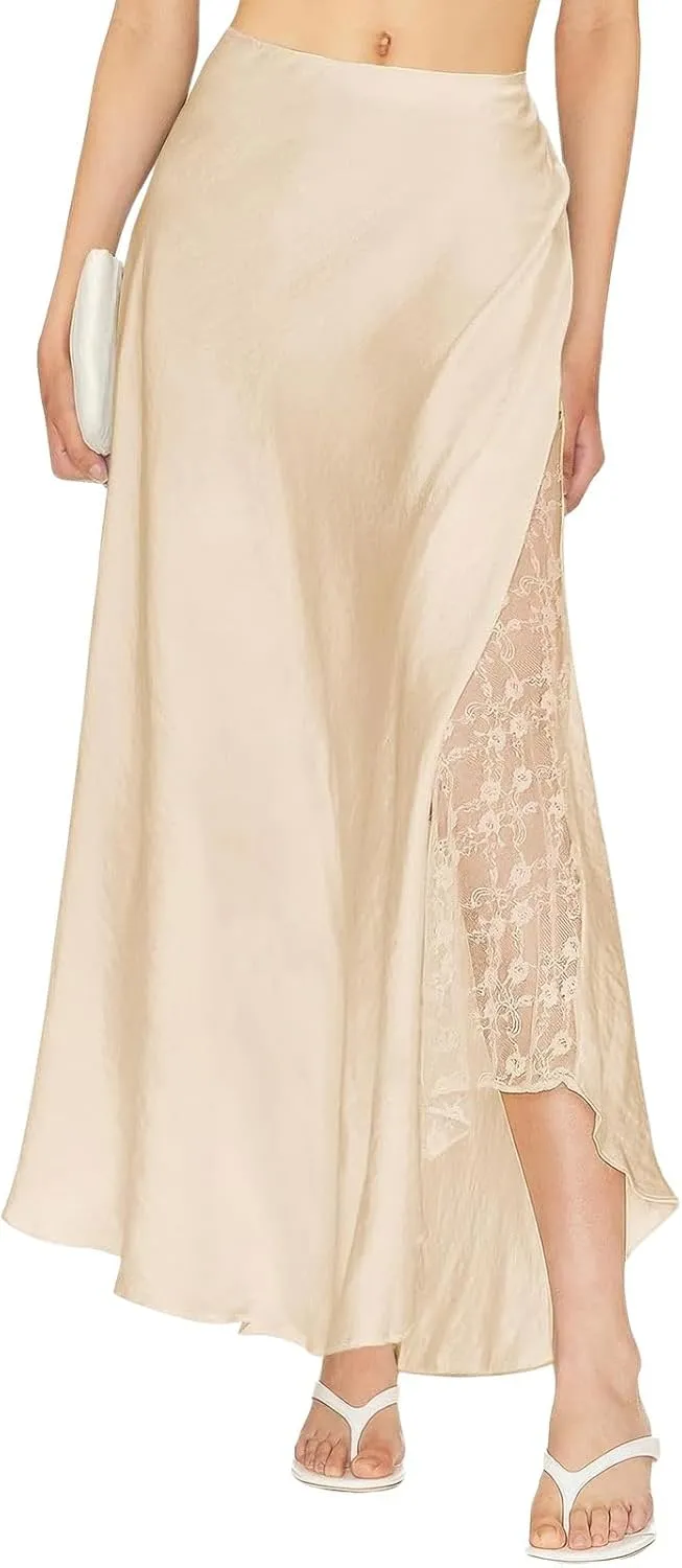 ebossy Womens Elegant Silk Satin Skirt Hidden Elastic Waist Splicing Lace Cocktail Party Maxi Long Skirts