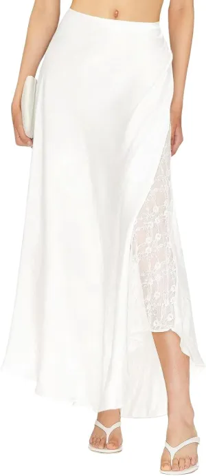 ebossy Womens Elegant Silk Satin Skirt Hidden Elastic Waist Splicing Lace Cocktail Party Maxi Long Skirts