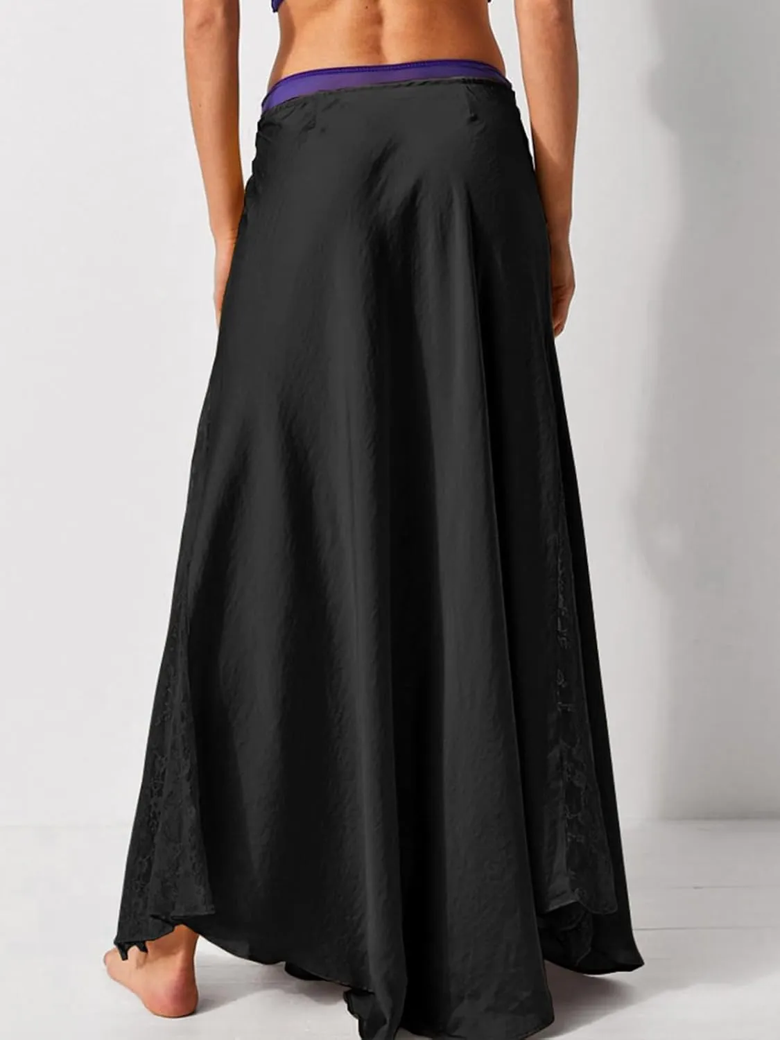 ebossy Womens Elegant Silk Satin Skirt Hidden Elastic Waist Splicing Lace Cocktail Party Maxi Long Skirts