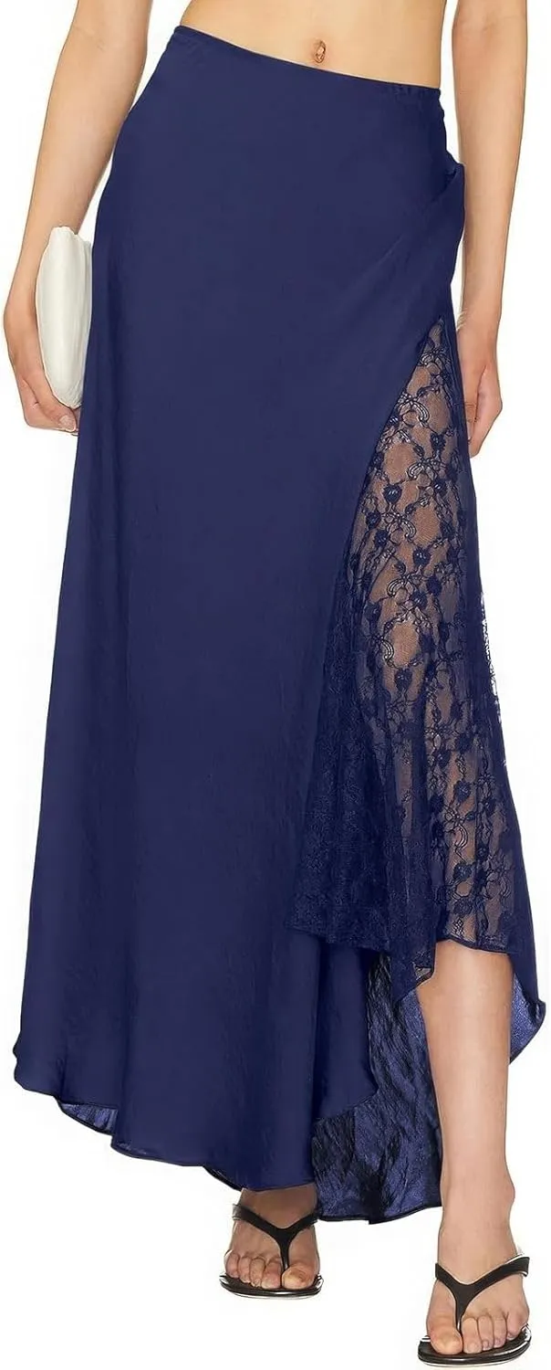 ebossy Womens Elegant Silk Satin Skirt Hidden Elastic Waist Splicing Lace Cocktail Party Maxi Long Skirts