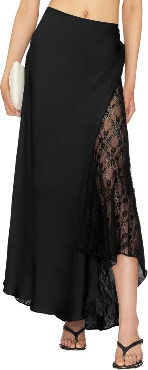 ebossy Womens Elegant Silk Satin Skirt Hidden Elastic Waist Splicing Lace Cocktail Party Maxi Long Skirts