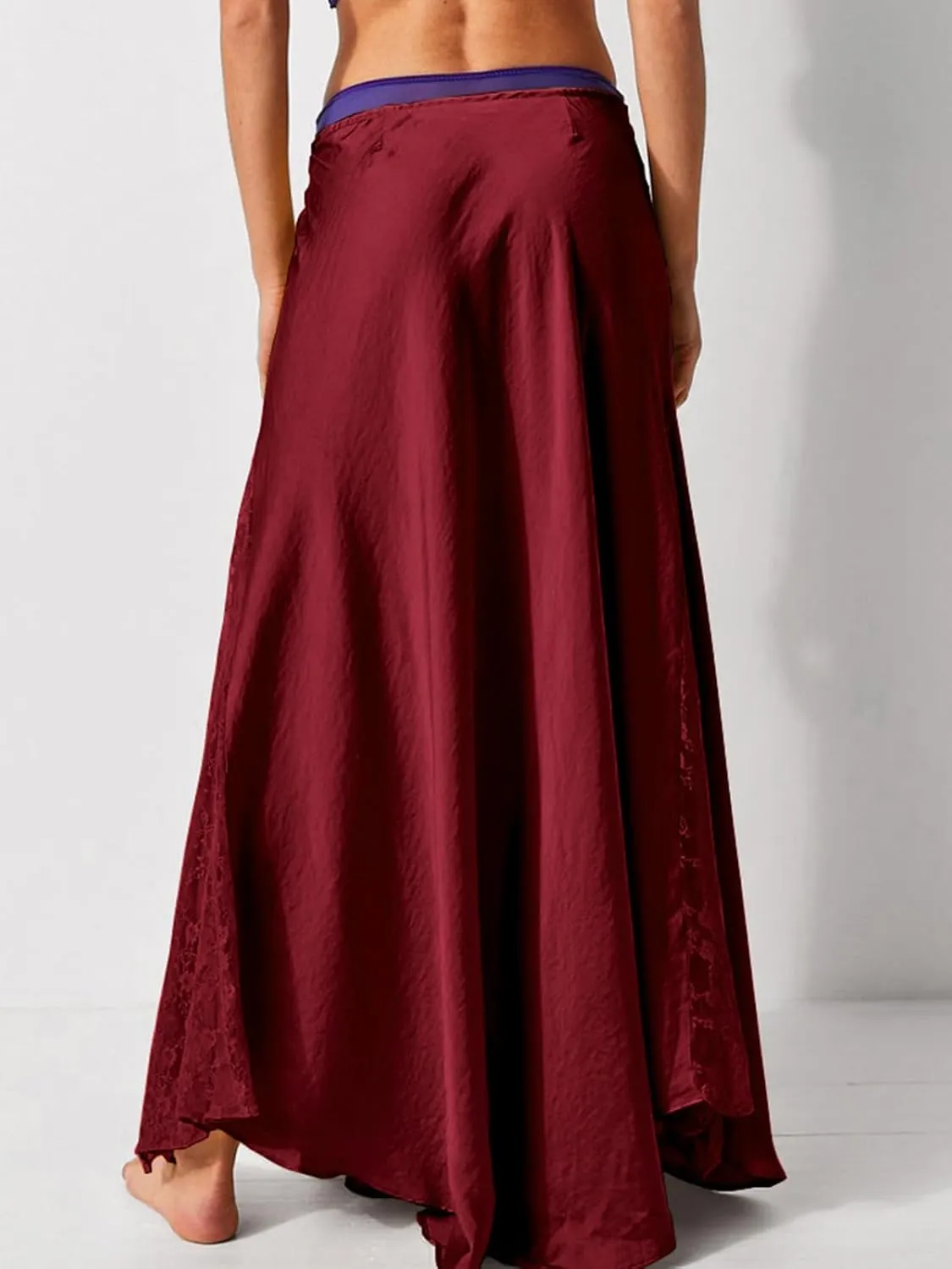 ebossy Womens Elegant Silk Satin Skirt Hidden Elastic Waist Splicing Lace Cocktail Party Maxi Long Skirts