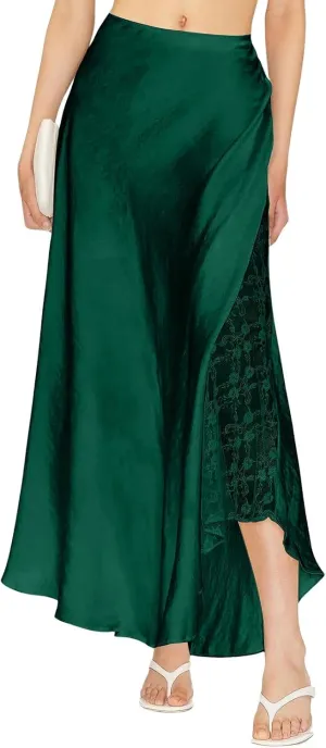 ebossy Womens Elegant Silk Satin Skirt Hidden Elastic Waist Splicing Lace Cocktail Party Maxi Long Skirts