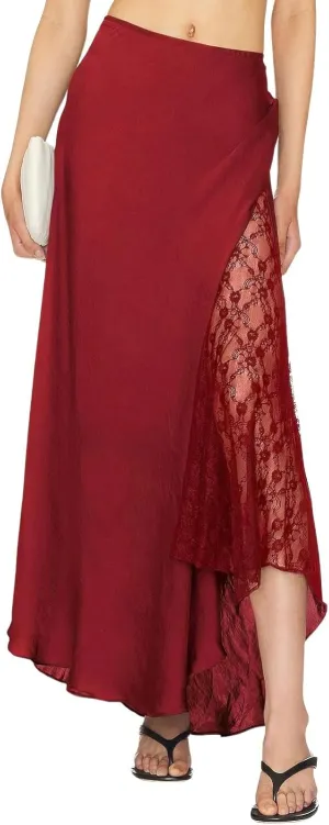 ebossy Womens Elegant Silk Satin Skirt Hidden Elastic Waist Splicing Lace Cocktail Party Maxi Long Skirts