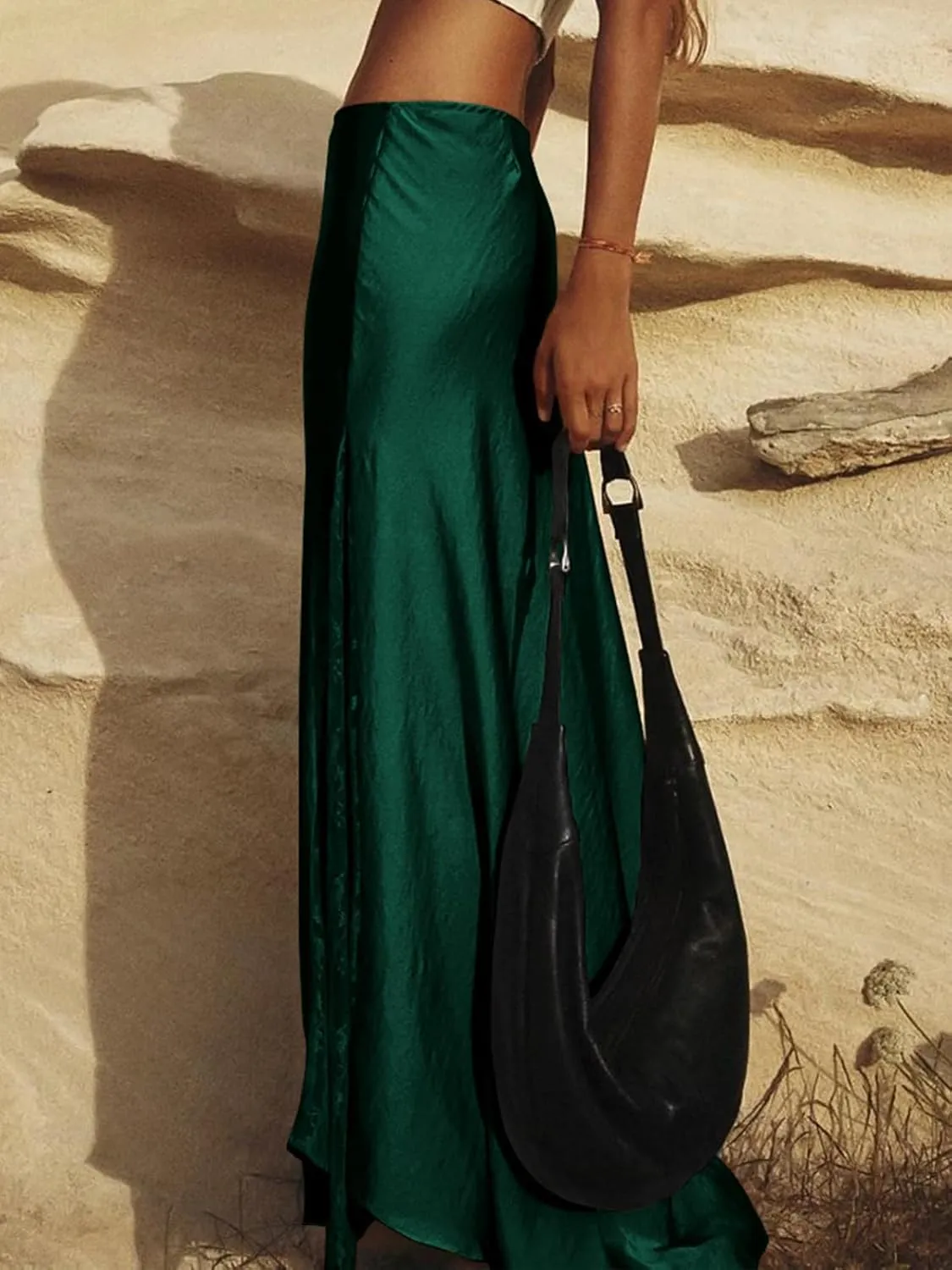 ebossy Womens Elegant Silk Satin Skirt Hidden Elastic Waist Splicing Lace Cocktail Party Maxi Long Skirts