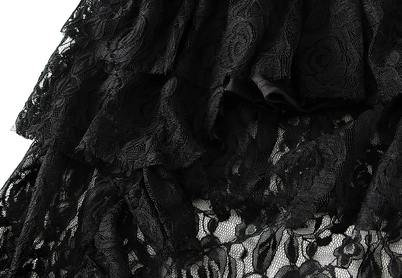 ebossy Women's Lace Mesh Ruffles Tiered Skirt Elastic High Waist Asymmetrical Prom Party Mid Long Skirt