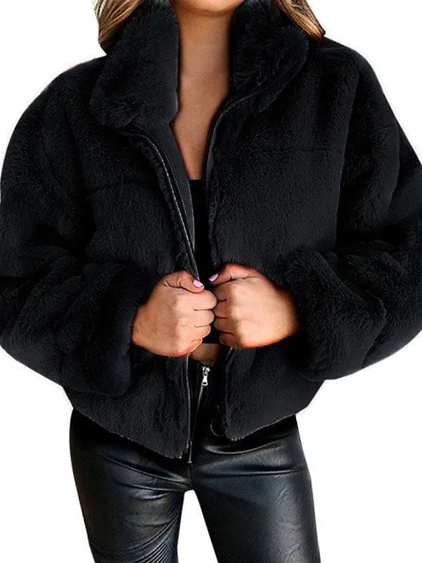 Faux Fur Coats For Women Long Sleeves Casual Stretch Stand Collar Khaki Winter Coat