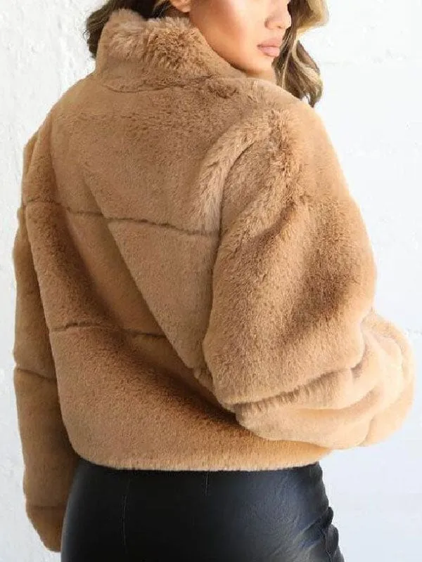 Faux Fur Coats For Women Long Sleeves Casual Stretch Stand Collar Khaki Winter Coat