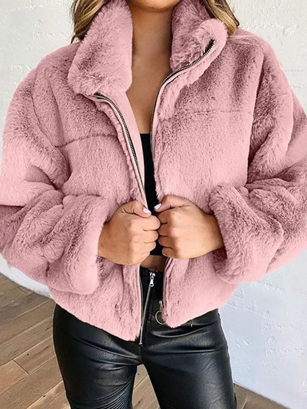 Faux Fur Coats For Women Long Sleeves Casual Stretch Stand Collar Khaki Winter Coat