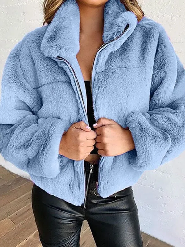 Faux Fur Coats For Women Long Sleeves Casual Stretch Stand Collar Khaki Winter Coat