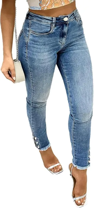 Flamingals Women's Button Side Raw Hem High Waist Skinny Jeans