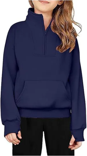 Girls Half Zip Pullover Cropped Fleece Sweatshirts with Thumb Hole Hoodies Kids Fall Winter Preppy Clothes