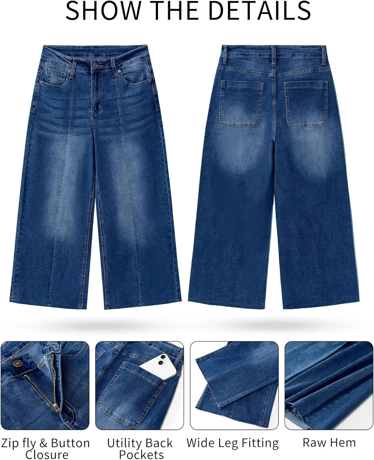 GRAPENT Jean Capris for Women Wide Leg Jeans High Waisted Seamed Front Raw Hem Denim Capri Pants Stretchy