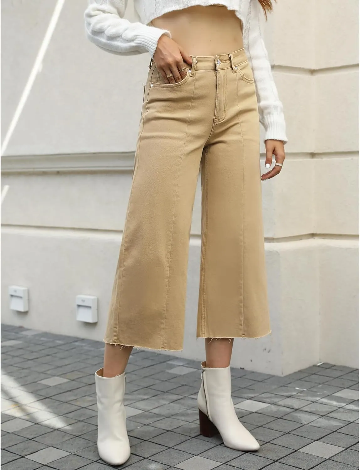 GRAPENT Jean Capris for Women Wide Leg Jeans High Waisted Seamed Front Raw Hem Denim Capri Pants Stretchy