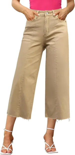 GRAPENT Jean Capris for Women Wide Leg Jeans High Waisted Seamed Front Raw Hem Denim Capri Pants Stretchy