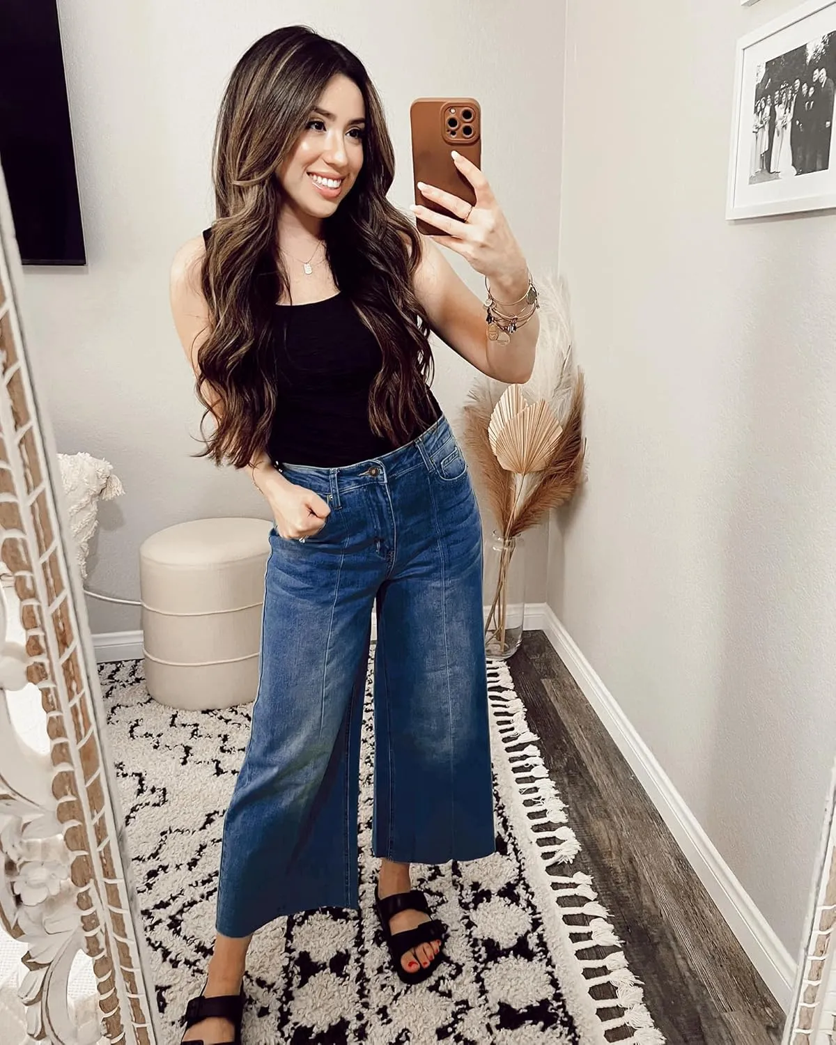 GRAPENT Jean Capris for Women Wide Leg Jeans High Waisted Seamed Front Raw Hem Denim Capri Pants Stretchy